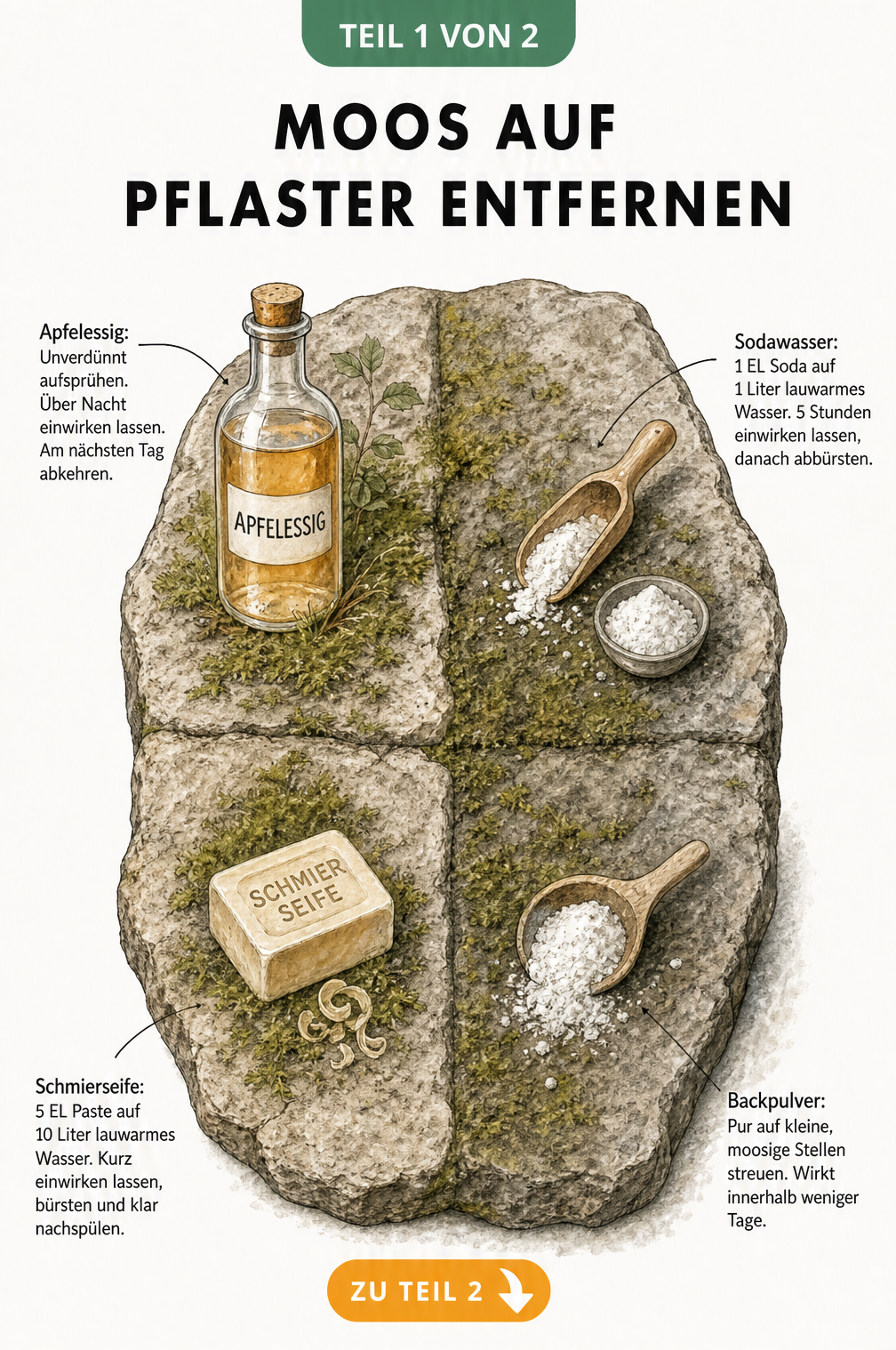 Illustration eines Pflastersteins mit vier Zonen, die Hausmittel wie Apfelessig, Sodawasser, Schmierseife und Backpulver zur Moosentfernung zeigen.