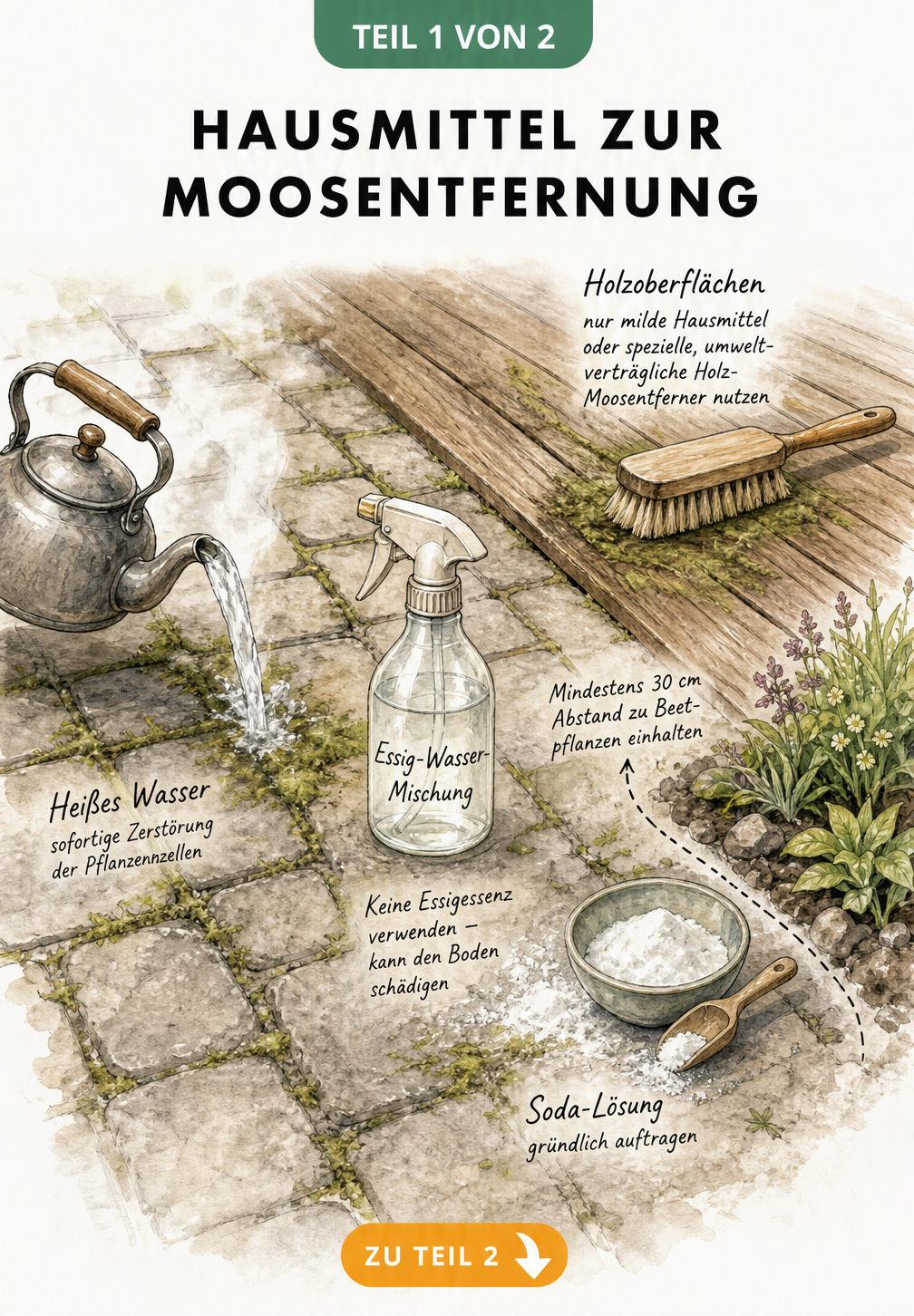 Illustration verschiedener Hausmittel zur Moosentfernung auf Wegen und Terrassen wie kochendes Wasser, Essig und Soda