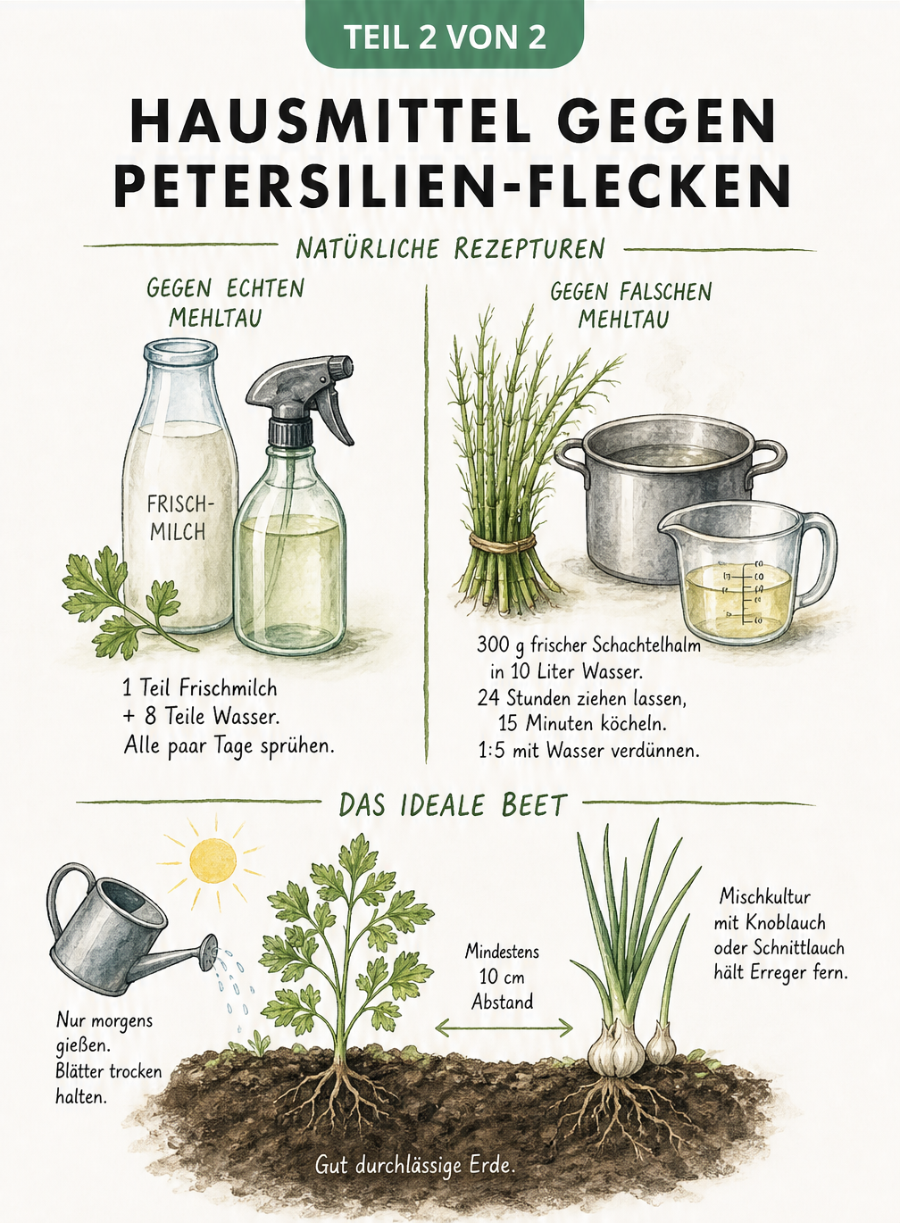 Illustration von Hausmitteln gegen Mehltau an Petersilie und einem idealen Beet mit Knoblauch als Mischkultur