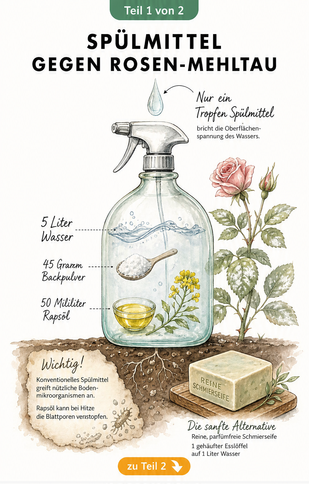 Illustration einer Sprühflasche mit Rezept für ein Hausmittel gegen Rosen-Mehltau aus Wasser, Backpulver, Rapsöl und einem Tropfen Spülmittel
