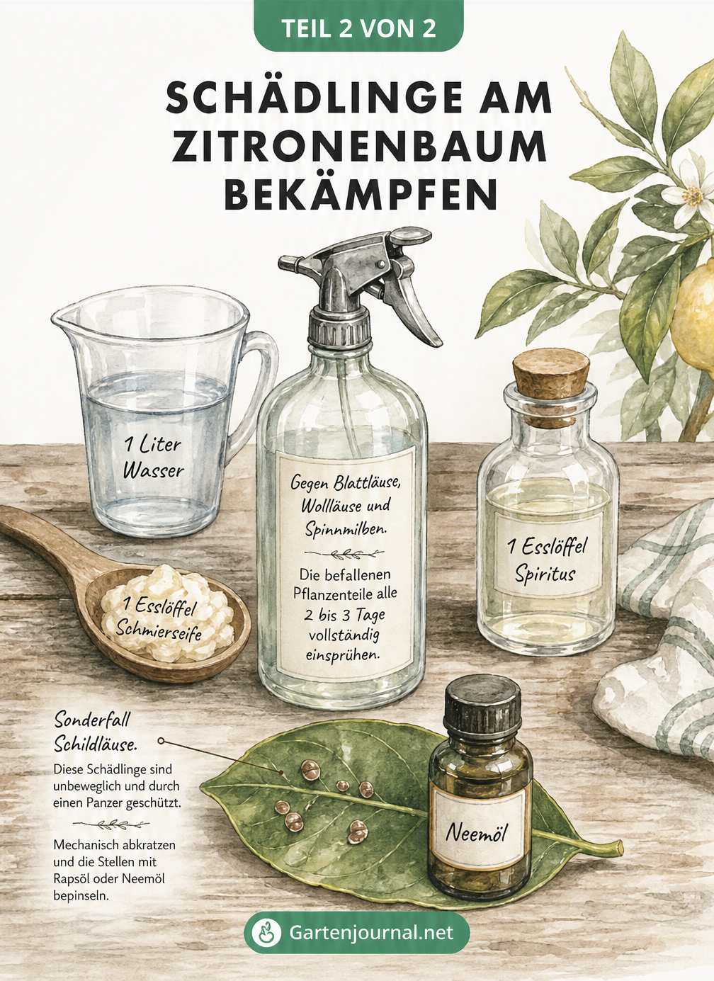 Aquarell-Illustration eines Pflanztisches mit Sprühflasche, Wasser, Schmierseife und Spiritus als Rezept für ein natürliches Hausmittel gegen Schädlinge am...