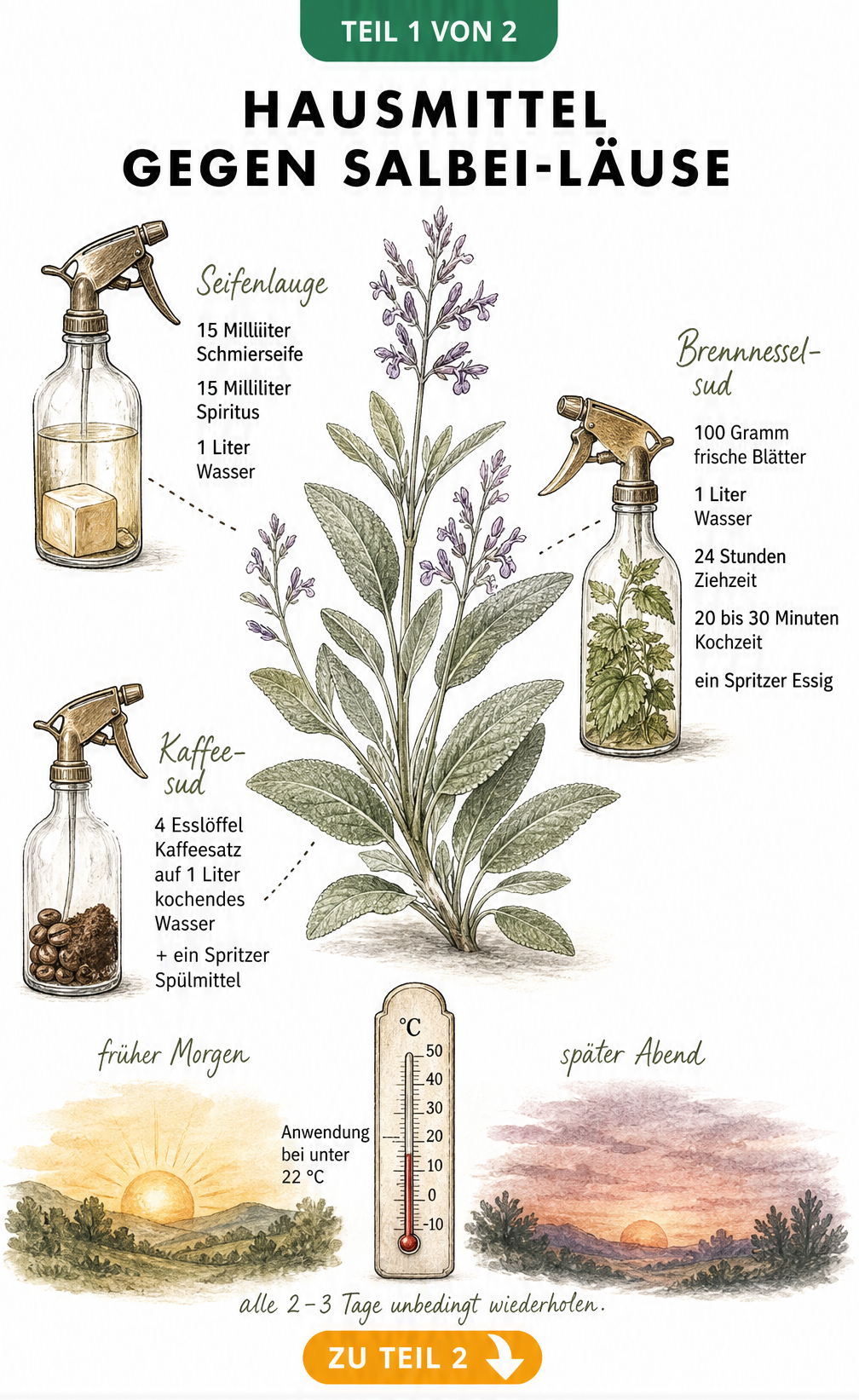 Illustration von drei Apotheker-Sprühflaschen mit Rezepturen für Seifenlauge, Brennnesselsud und Kaffeesatz gegen Salbei-Läuse