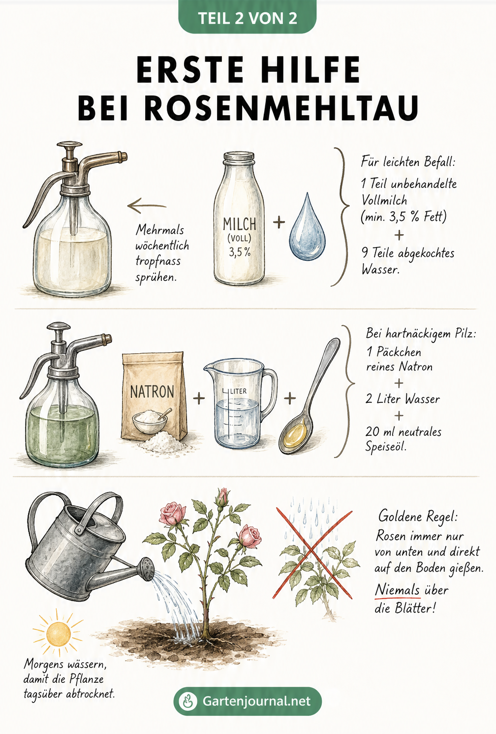 Gezeichnete Anleitung für Hausmittel gegen Rosenmehltau mit Milch, Natron und der richtigen Gießtechnik