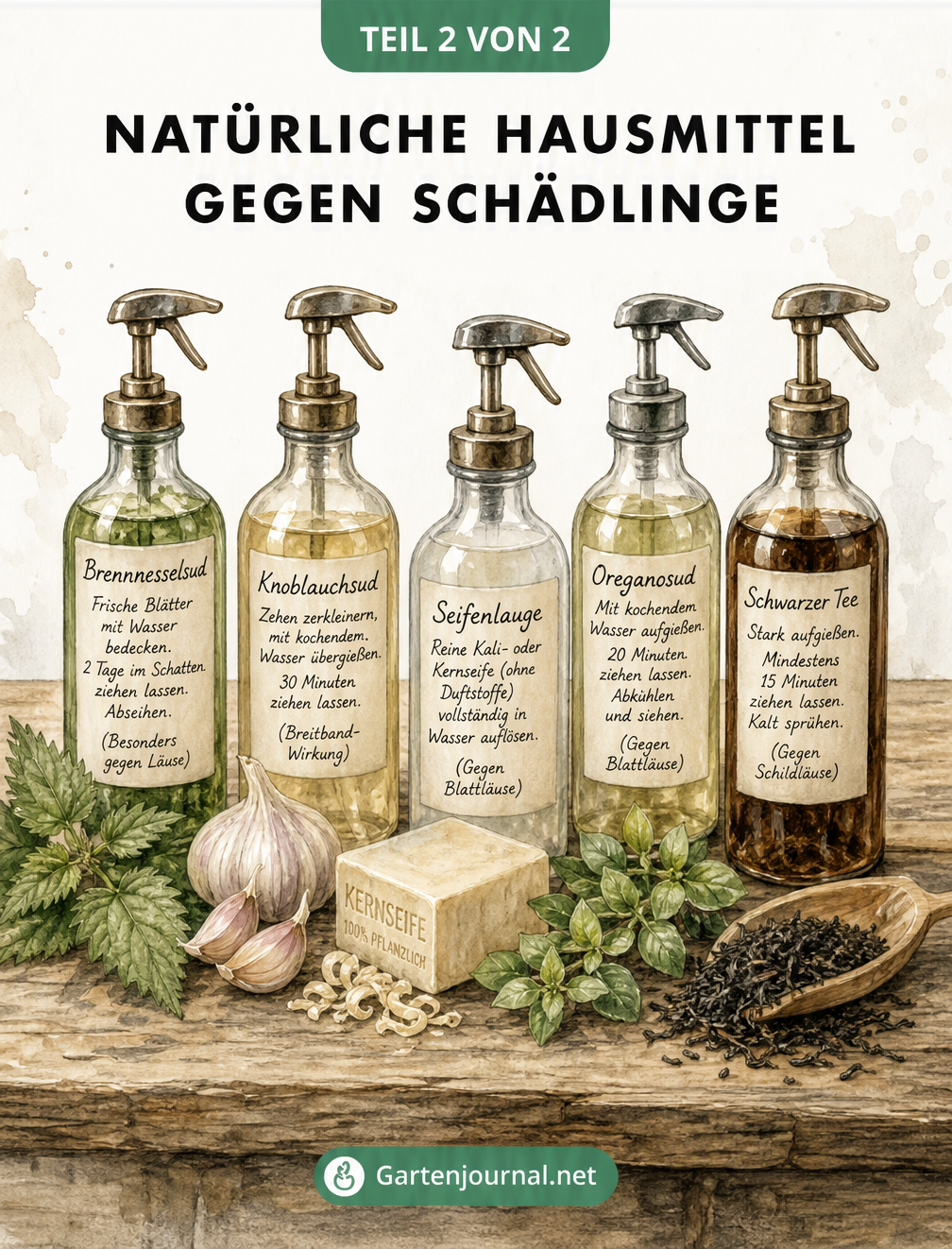 Aquarell-Illustration von fünf Apotheker-Sprühflaschen mit natürlichen Zutaten wie Brennnessel, Knoblauch und Kernseife zur Schädlingsbekämpfung.