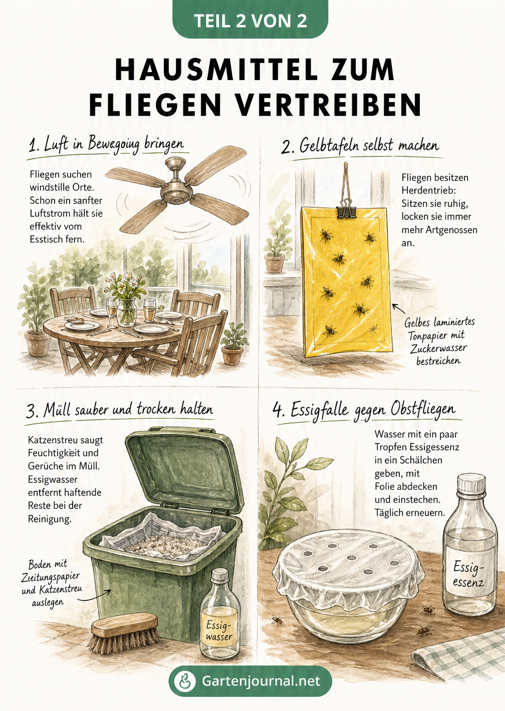 Schnittzeichnung einer Terrasse und Küche mit Hausmitteln gegen Fliegen wie Deckenventilator, Katzenstreu im Müll, Gelbtafel und Essigfalle.