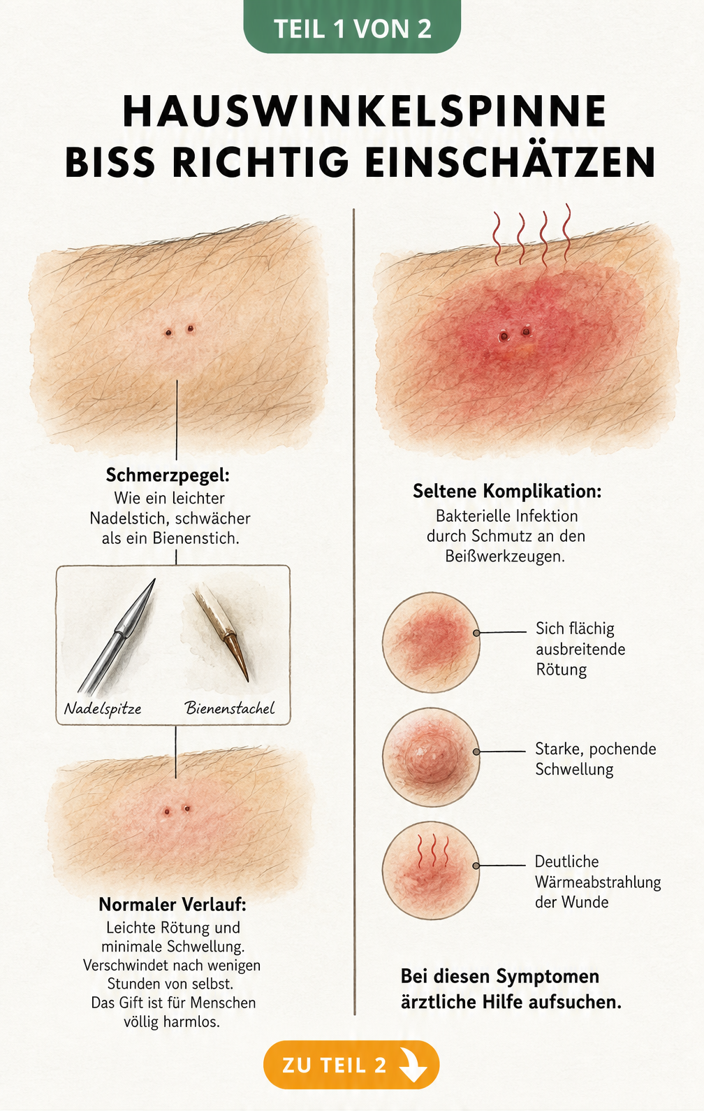 Illustration eines Hauswinkelspinnen-Bisses auf menschlicher Haut mit Vergleich zu Nadelstich und Bienenstich sowie Symptomen einer Infektion