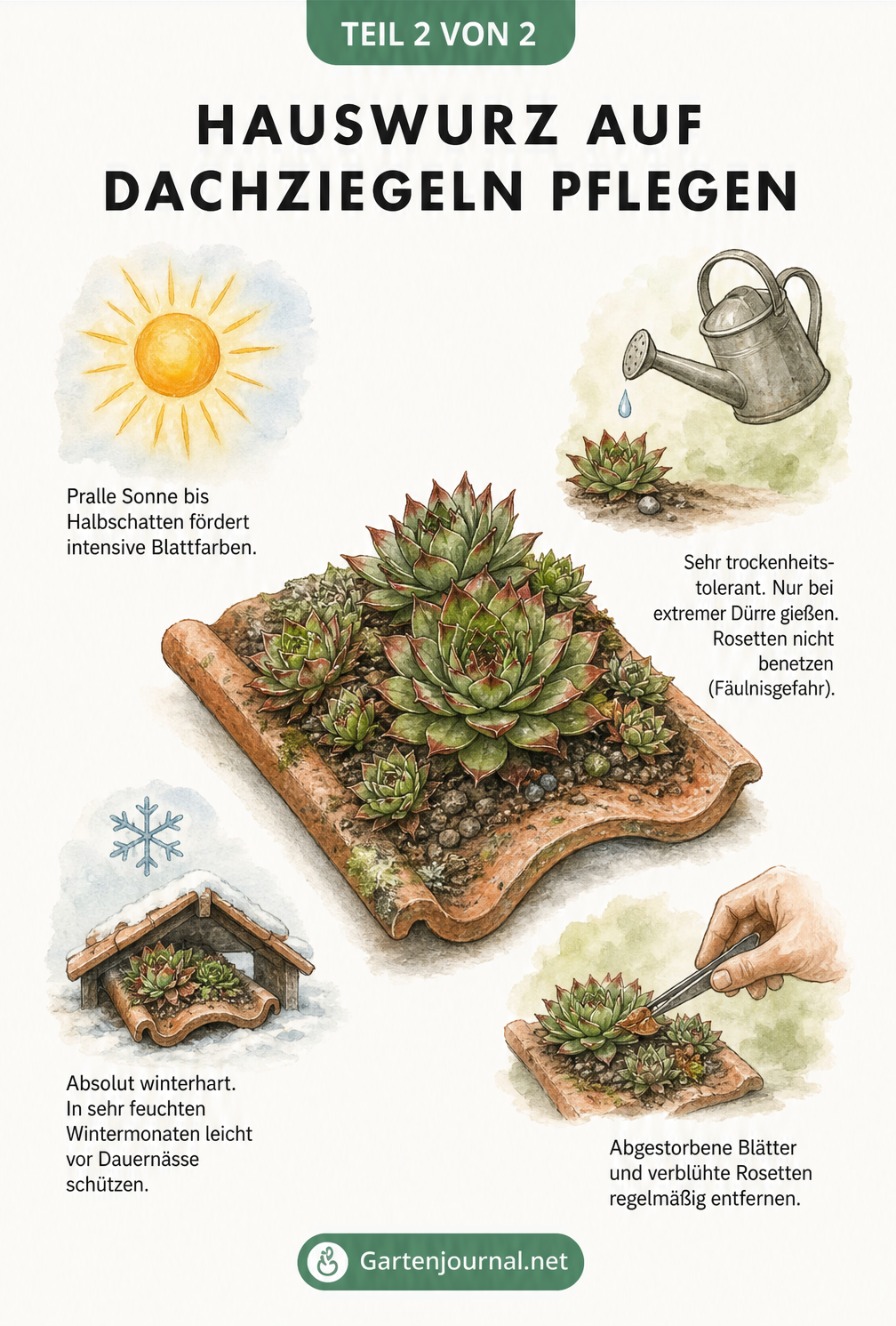 Illustration zur Pflege von Hauswurz auf Dachziegeln mit Tipps zu Sonne, Gießen, Überwinterung und Reinigung