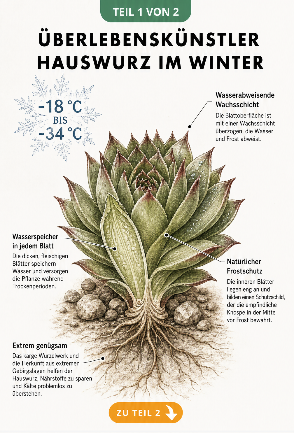 Botanische Illustration einer Hauswurz-Rosette im Querschnitt mit Erklärungen zu Frostschutz-Mechanismen wie Wachsschicht und Wasserspeicherung