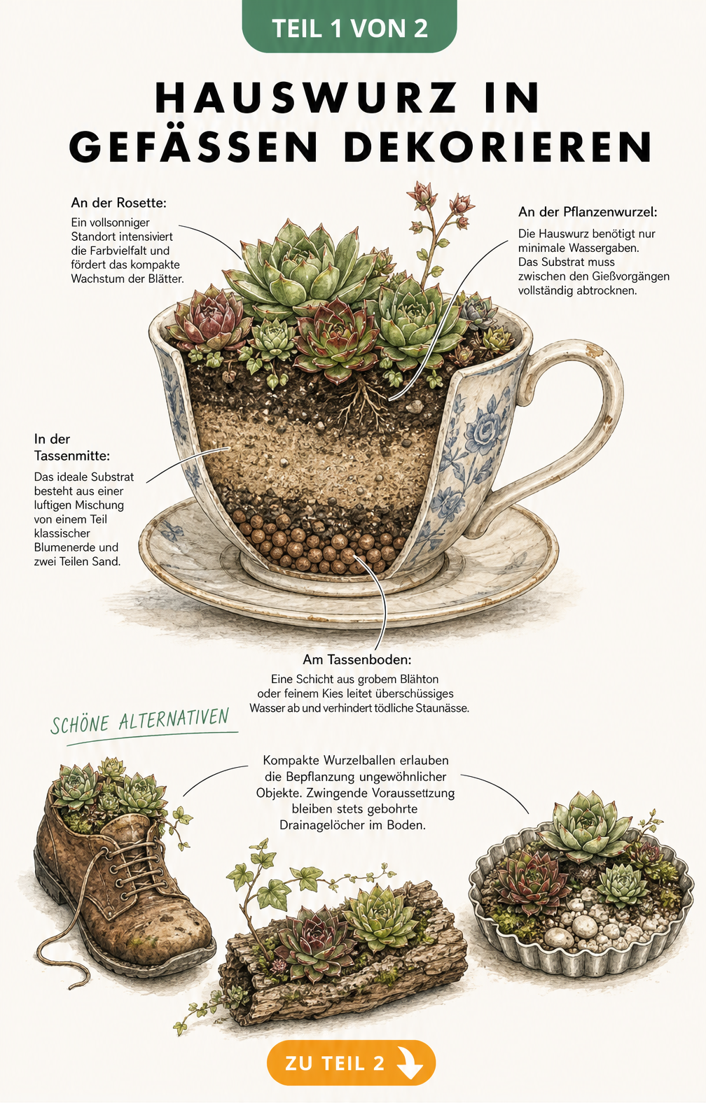 Querschnitt einer bepflanzten Vintage-Teetasse mit Hauswurz, die den Schichtaufbau aus Blähton, Sand und Blumenerde zeigt.