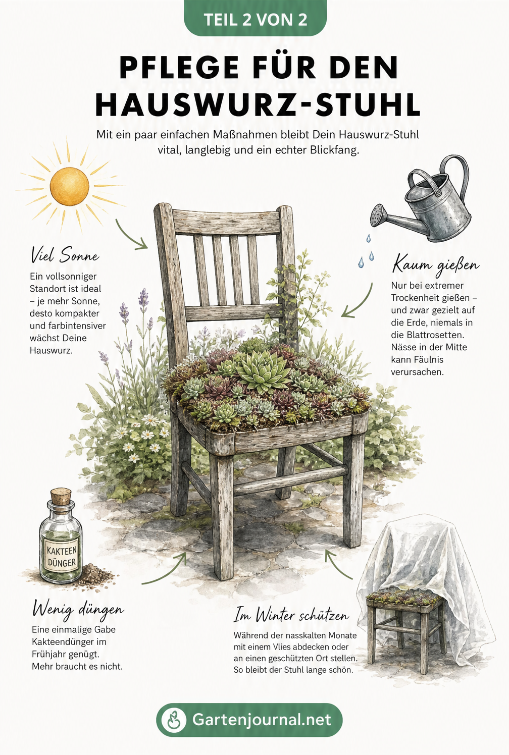 Illustration eines bepflanzten Stuhls im Garten mit Hinweisen zu Sonne, Gießen, Düngen und Winterschutz
