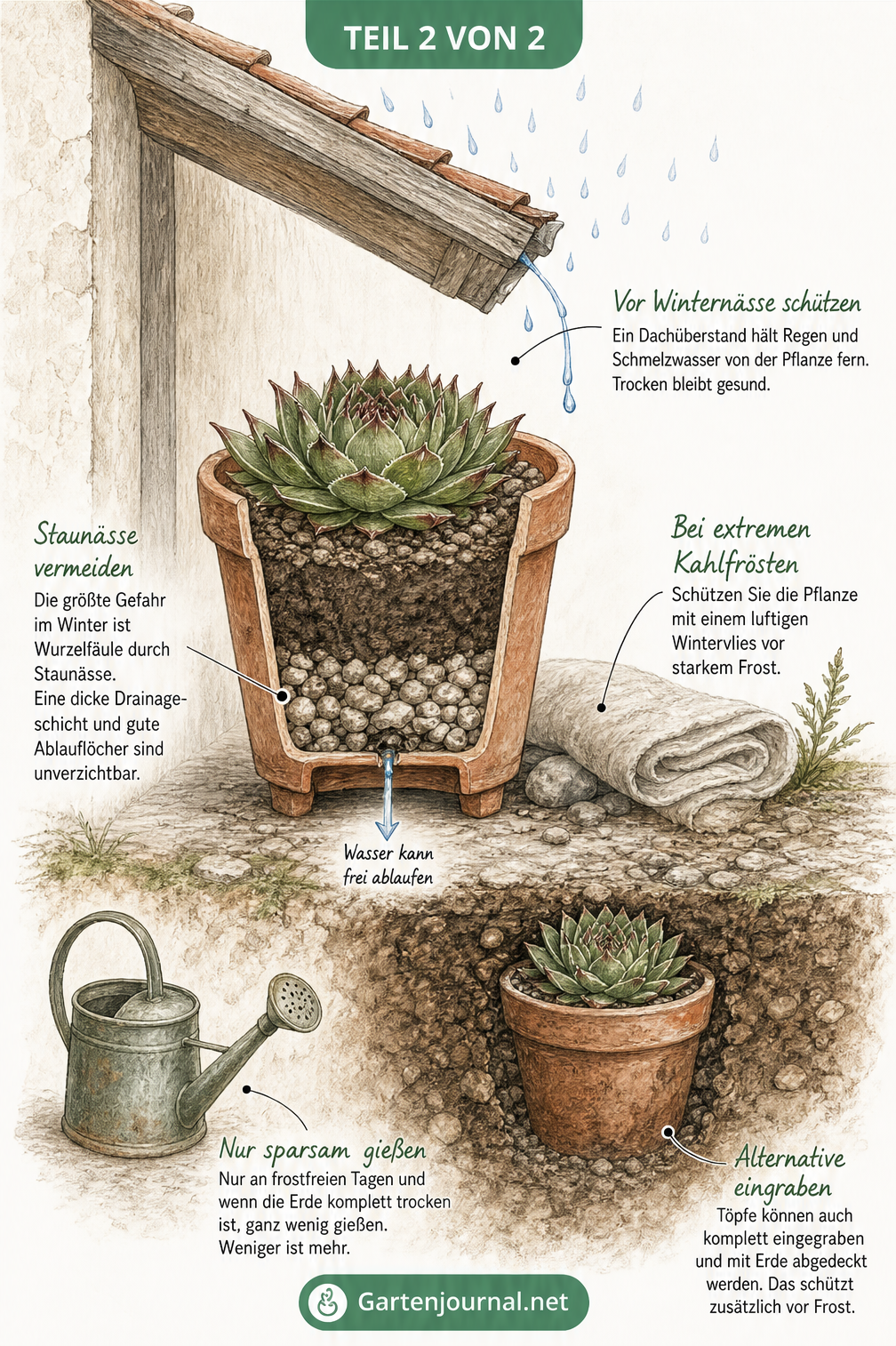 Illustration einer Hauswurz im Terrakotta-Topf unter einem Dachüberstand mit Tipps zum Schutz vor Winternässe und Wurzelfäule