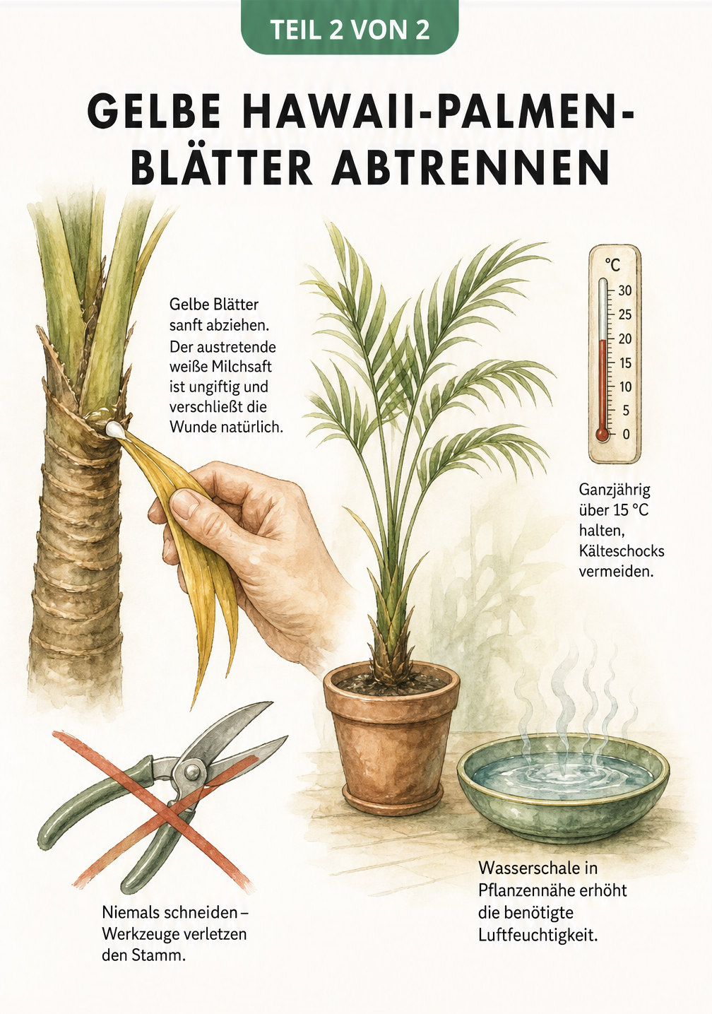 Illustration, die zeigt, wie man ein gelbes Blatt sanft von der Hawaii-Palme abzieht, ohne eine Schere zu benutzen, sowie ideale Bedingungen wie über 15 Grad...