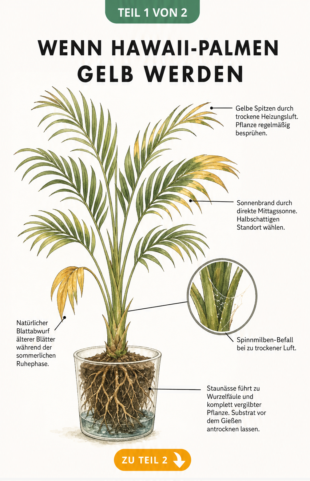 Illustration einer Hawaii-Palme mit gelben Blättern, die Ursachen wie trockene Heizungsluft, Sonnenbrand, natürlichen Blattabwurf, Spinnmilben und Staunässe...