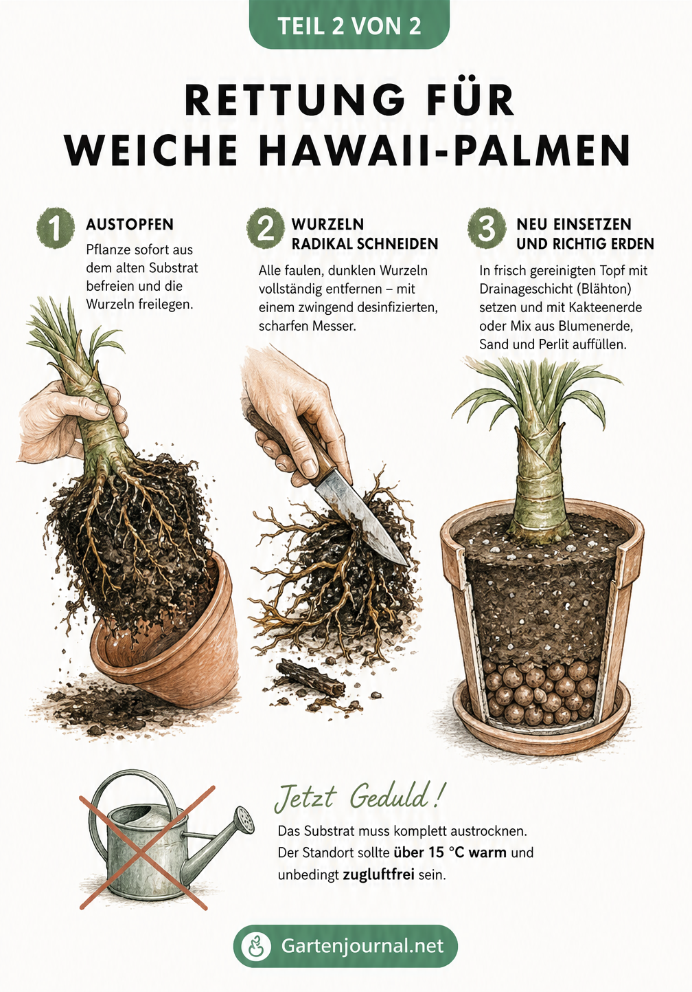 Illustration zur Rettung einer Hawaii-Palme: Austopfen, faule Wurzeln abschneiden und in neues Substrat mit Drainage pflanzen
