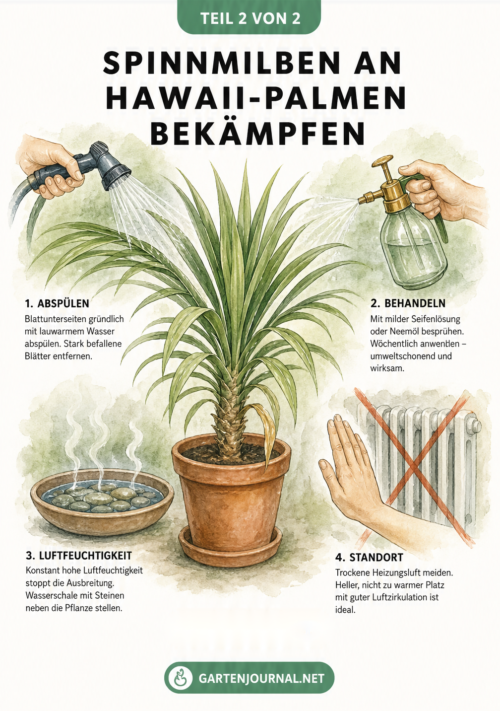 Illustration zur Bekämpfung von Spinnmilben an der Hawaii-Palme: Abspülen, Einsprühen, Luftfeuchtigkeit erhöhen und Heizungsluft meiden.
