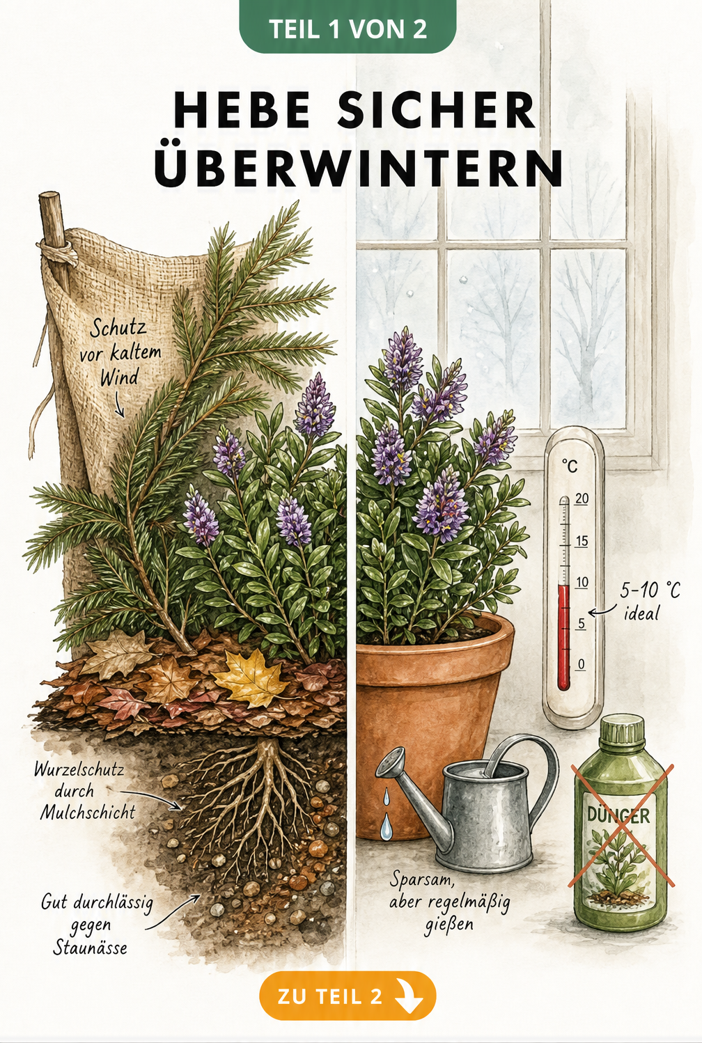 Illustration einer Hebe-Pflanze, die links im Freiland mit Mulch und Windschutz und rechts im Topf bei 5 bis 10 Grad überwintert.