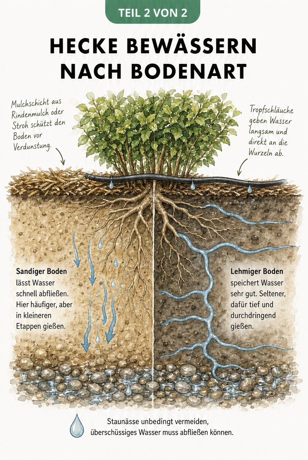 Querschnitt des Bodens unter einer Hecke, der zeigt, wie Wasser in sandigem und lehmigem Boden versickert