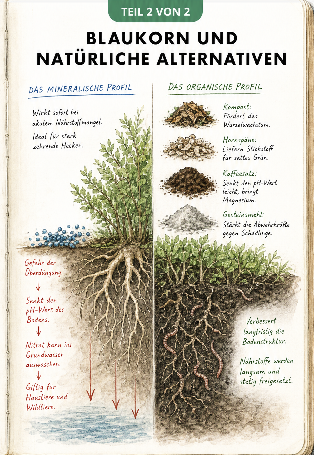 Vergleich von mineralischem Blaukorn und organischen Düngern wie Kompost und Hornspänen im Bodenprofil einer Hecke.