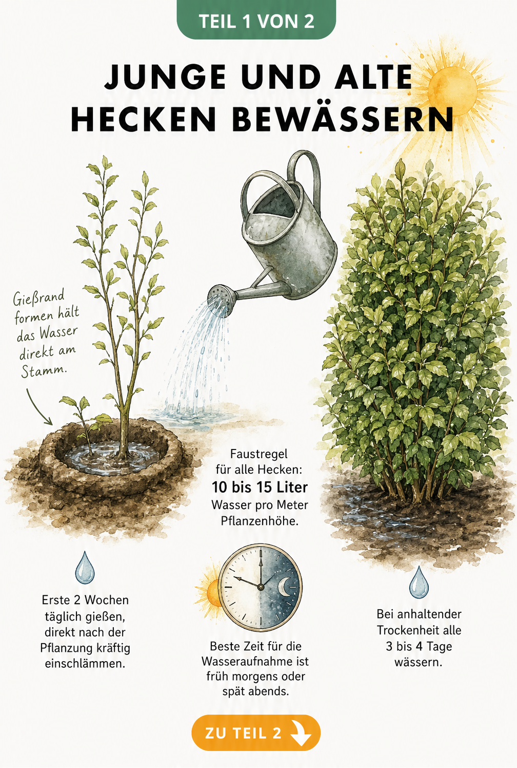 Illustration einer jungen und einer alten Hecke mit Tipps zur richtigen Bewässerung und Gießmengen
