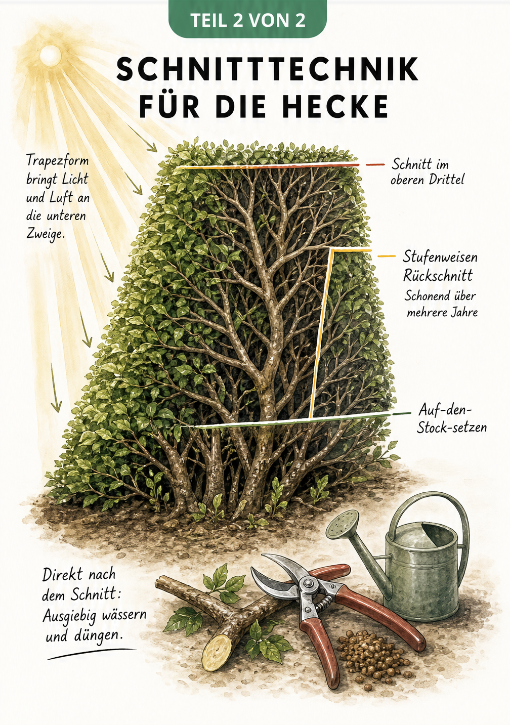 Querschnitt einer Hecke in Trapezform mit verschiedenen Schnitttiefen und Gartenschere