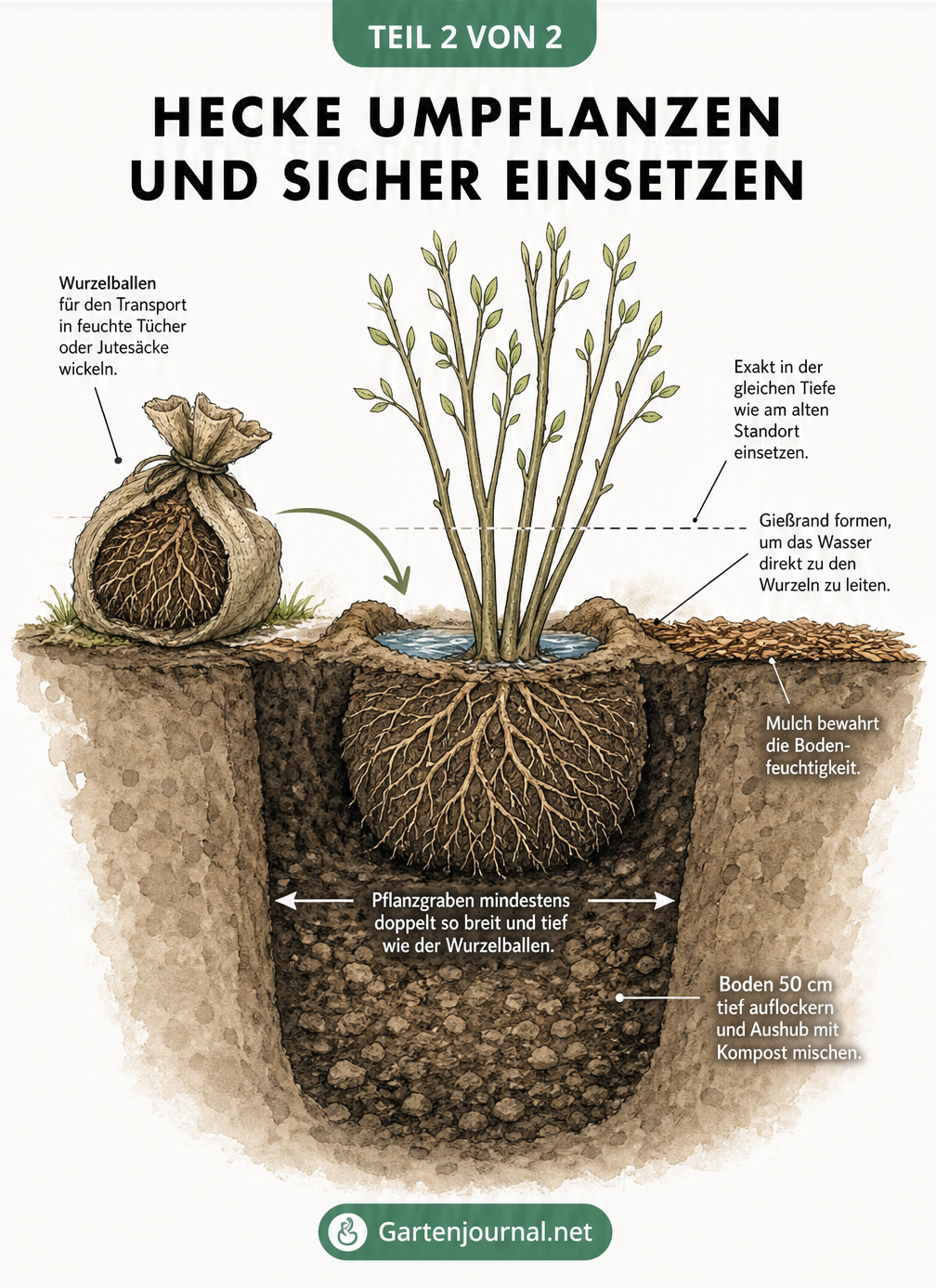 Querschnitt-Zeichnung zum richtigen Einsetzen einer Hecke: Wurzelballen in feuchten Tüchern, Pflanzgraben mit Kompost und Gießrand.