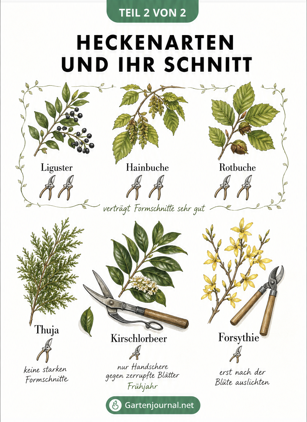 Botanische Lehrtafel mit Illustrationen von Thuja, Liguster, Hainbuche, Rotbuche, Kirschlorbeer und Forsythie sowie deren Schnitthäufigkeit