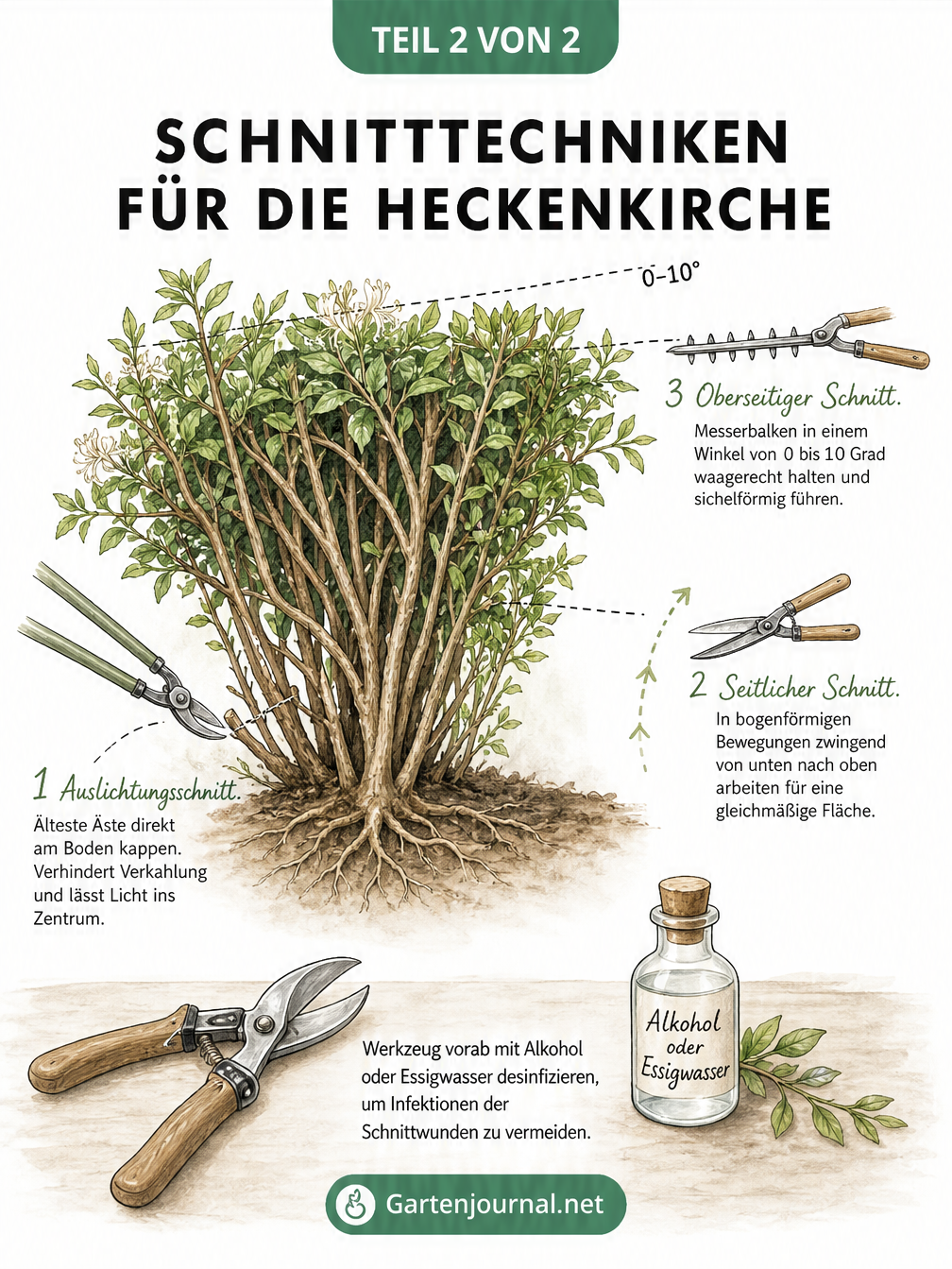 Querschnitt-Zeichnung einer Heckenkirsche mit Erklärungen zu Auslichtungsschnitt, seitlichem Schnitt und oberseitigem Schnitt