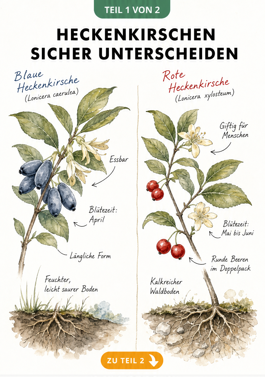 Illustration der blauen und roten Heckenkirsche mit Merkmalen zur Unterscheidung