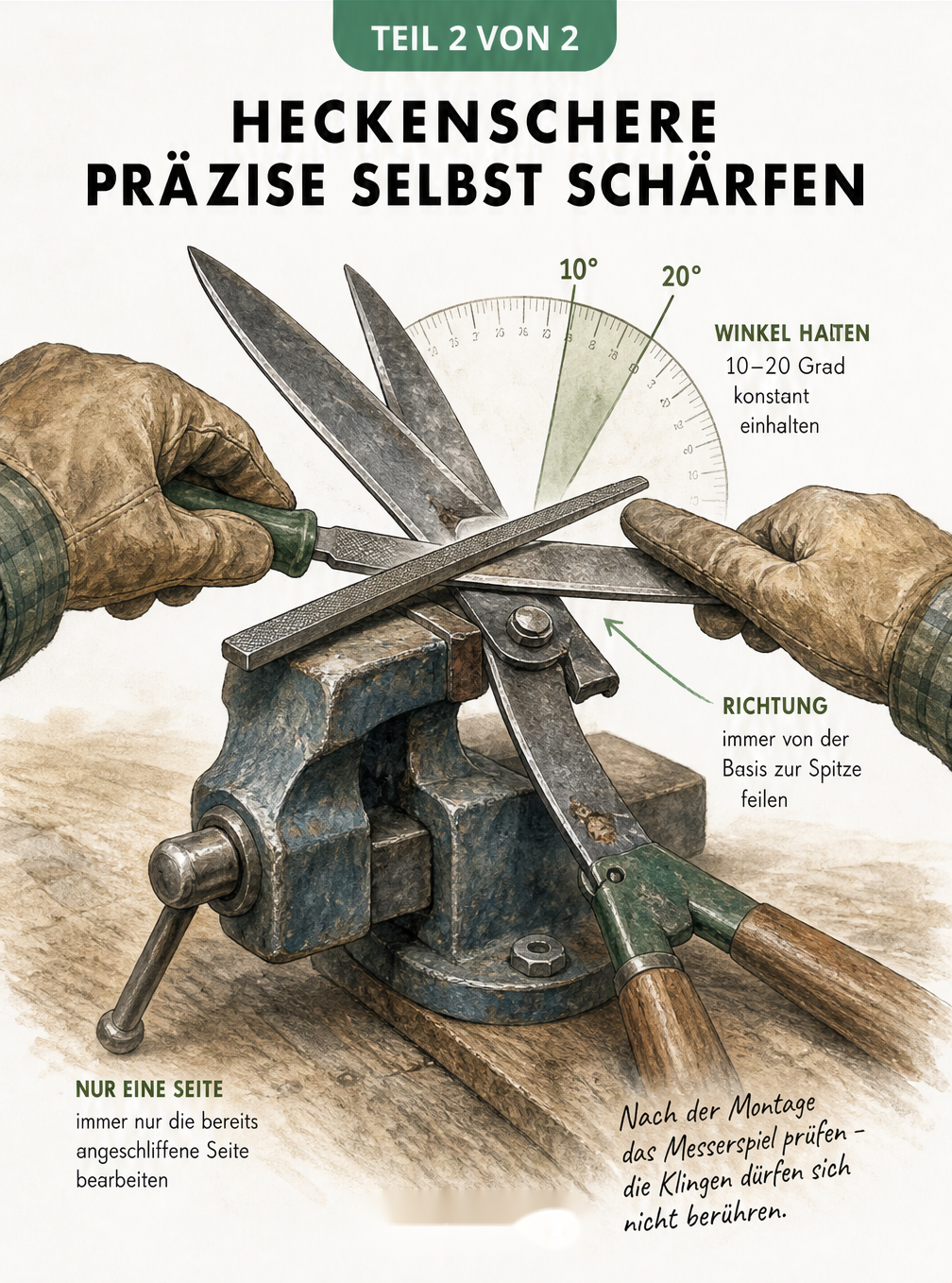 Illustration einer Heckenscherenklinge im Schraubstock mit Feile und Winkelmesser für den 10 bis 20 Grad Schärfwinkel