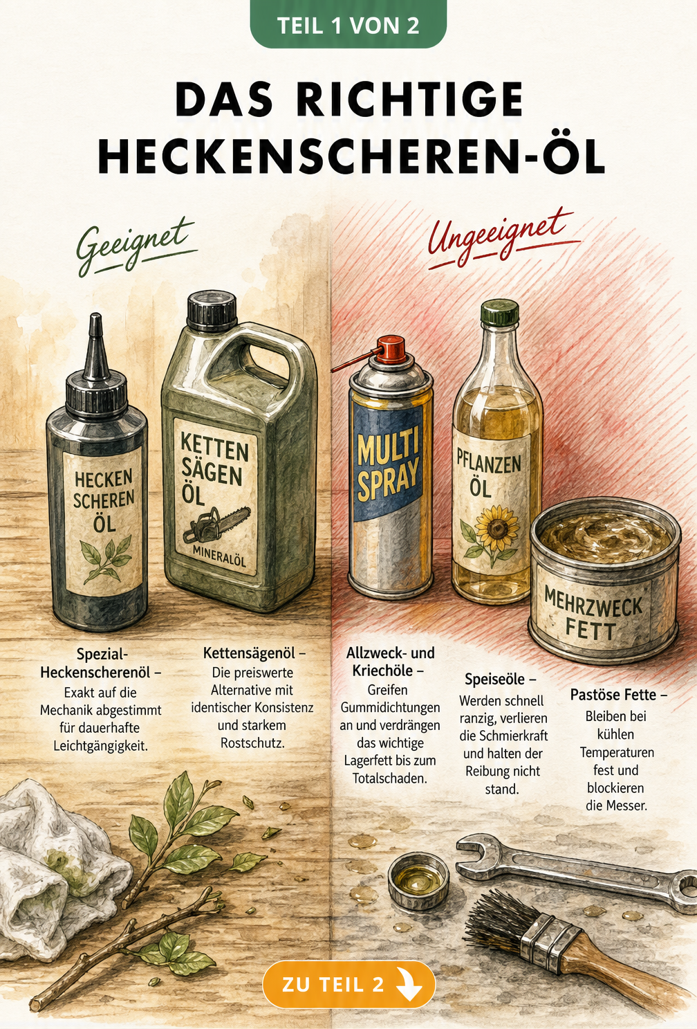 Illustration einer Werkbank mit geeigneten und ungeeigneten Ölen für die Heckenschere