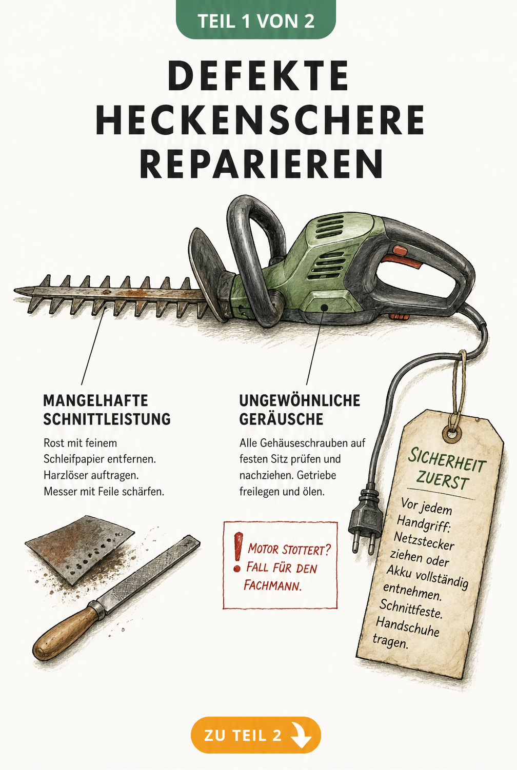 Technische Illustration einer Heckenschere mit Hinweisen zur Reparatur von Schneidwerk, Motor und Stromzufuhr