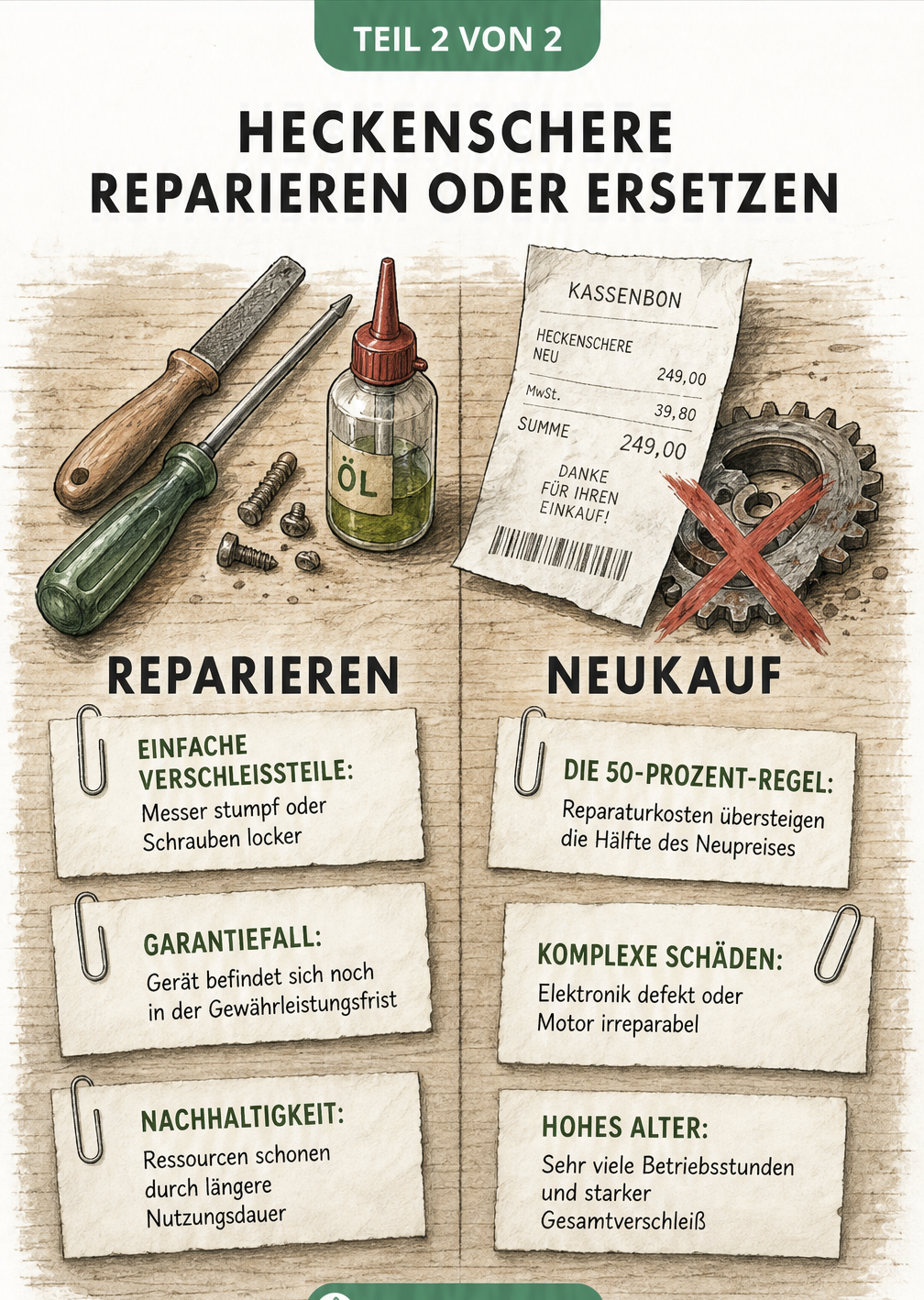 Gegenüberstellung von Werkzeug für die Reparatur und einem Kassenbeleg für den Neukauf einer Heckenschere