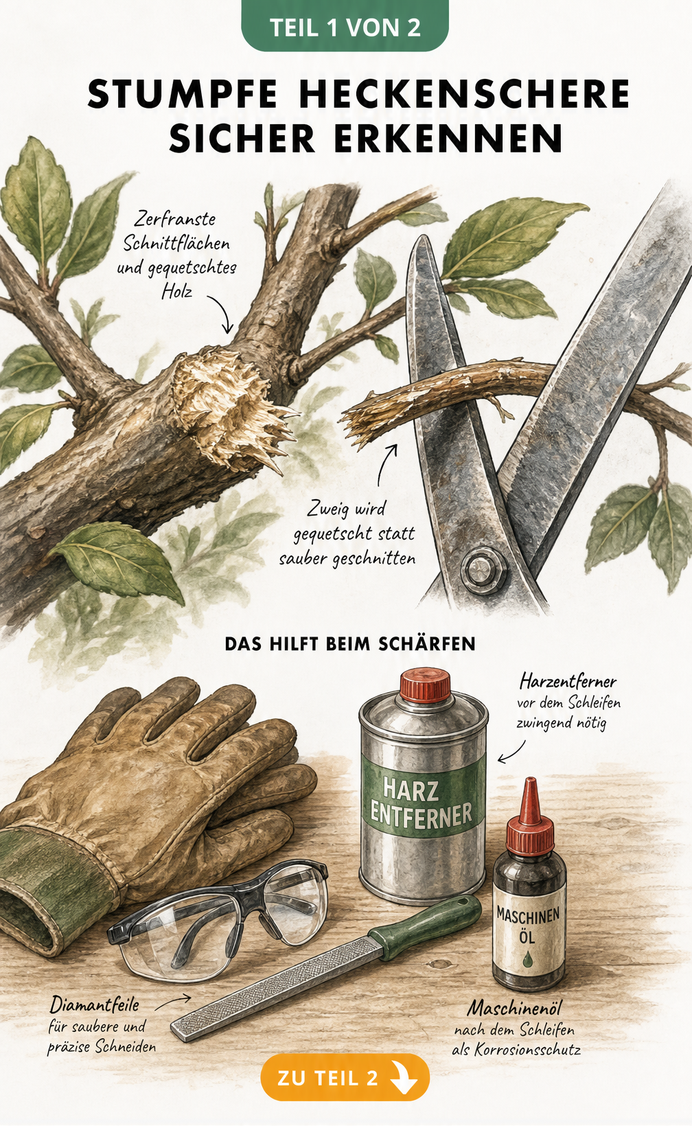 Illustration eines zerfransten Astes und Werkzeuge wie Diamantfeile und Harzentferner zum Schärfen einer Heckenschere