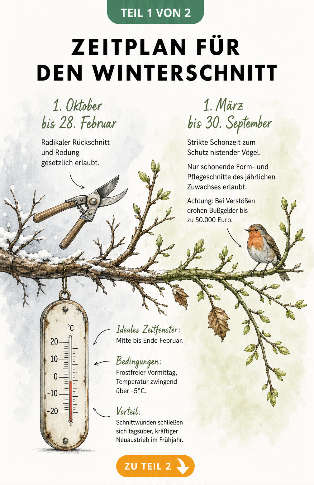 Illustrierter Zeitstrahl zum Heckenschnitt im Winter mit gesetzlichen Fristen und idealen Bedingungen