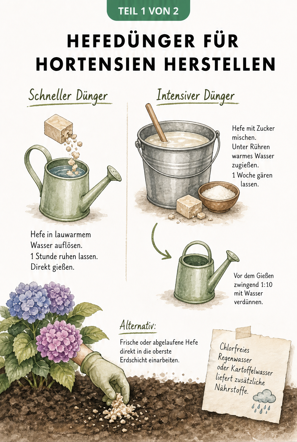 Illustration zur Herstellung von Hefedünger für Hortensien mit schnellem und intensivem Rezept