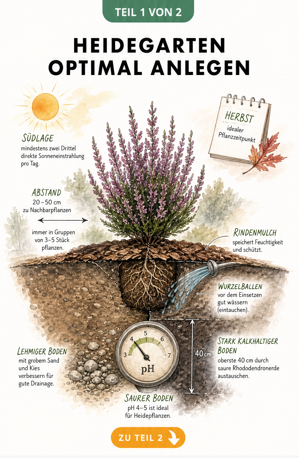 Querschnitt eines Heidegarten-Beets mit Pflanzabstand, Rindenmulch und Bodenbeschaffenheit