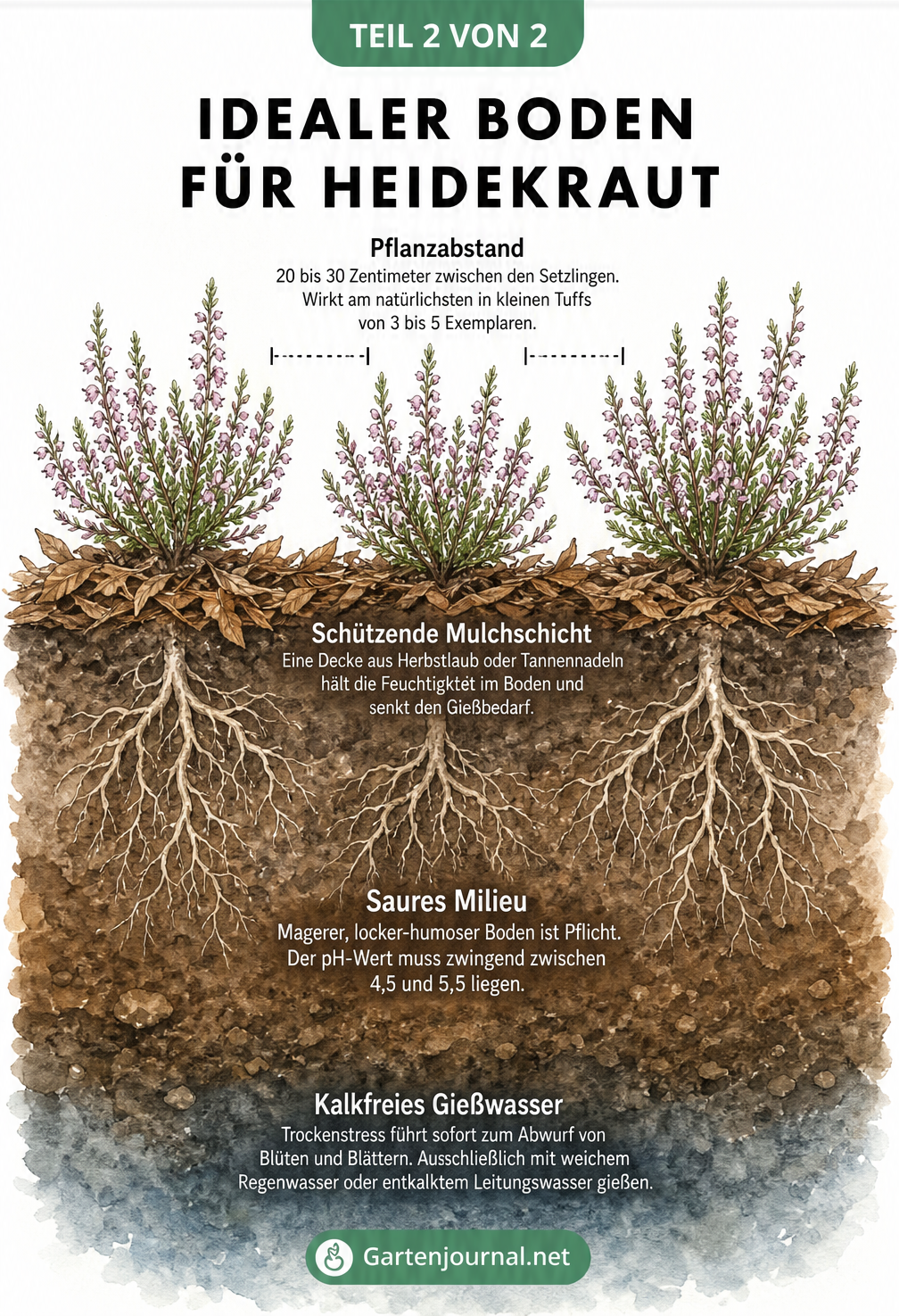 Erdschnitt-Illustration von Heidekraut-Pflanzen mit Wurzelwerk und Bodeninformationen