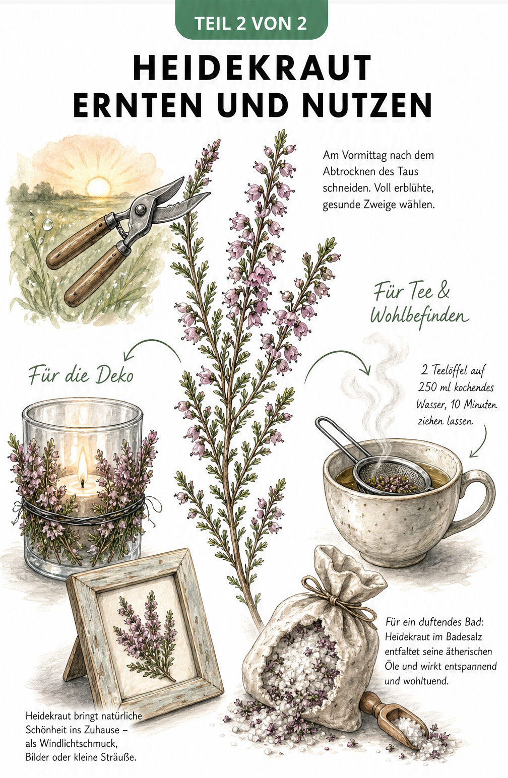 Botanische Zeichnung eines Heidekrautzweigs mit Illustrationen zur Ernte am Vormittag sowie zur Nutzung als Dekoration, Tee und Badesalz.