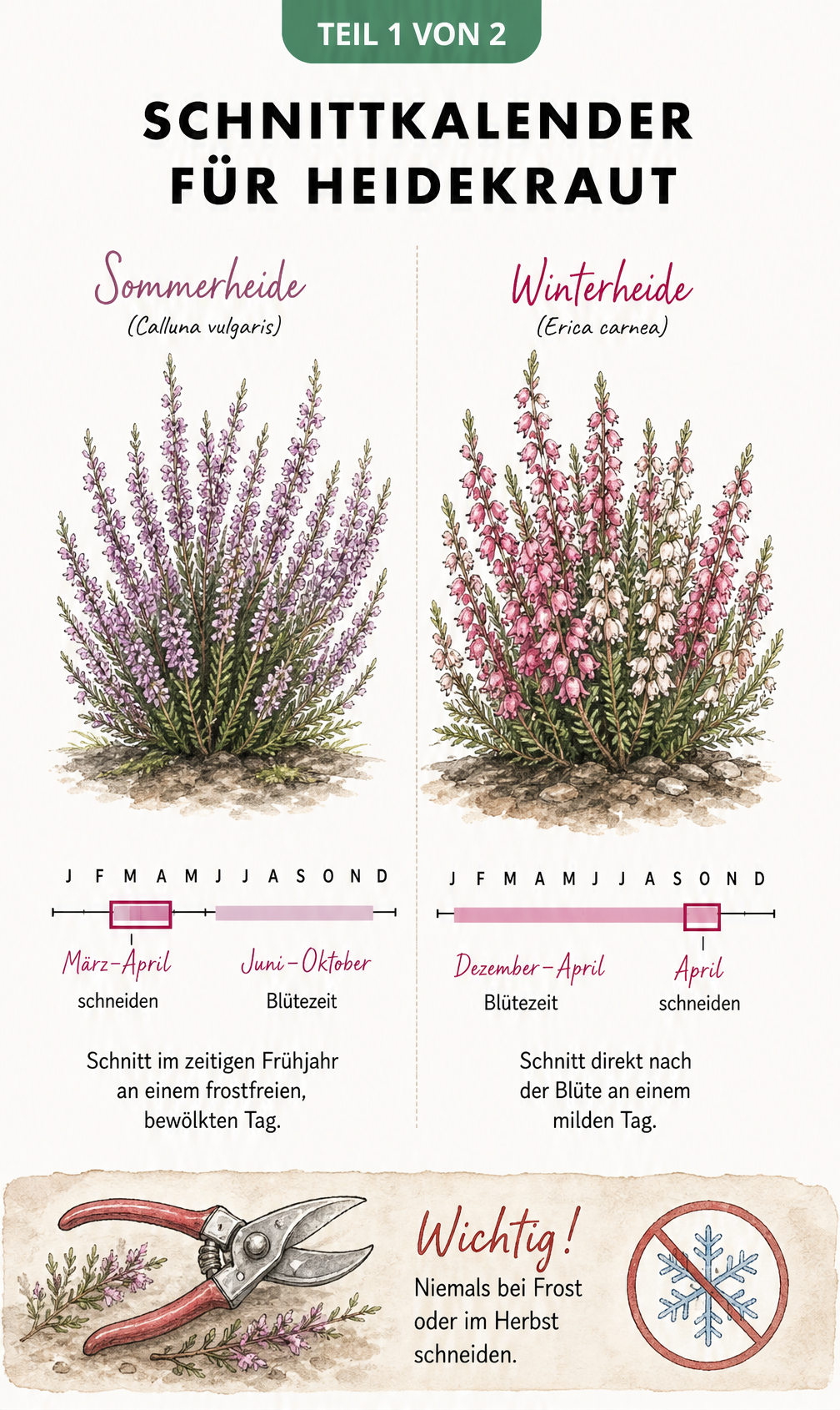 Botanische Illustration eines Schnittkalenders für Sommerheide und Winterheide mit Zeitstrahl