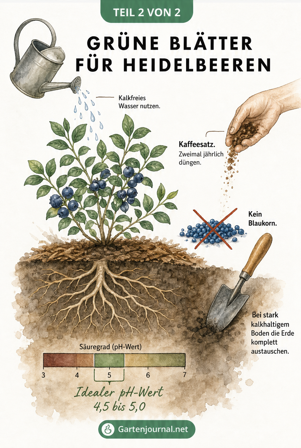 Querschnitt durch das Erdreich eines Heidelbeerstrauchs mit Tipps zur Pflege wie kalkfreies Wasser, Kaffeesatz und dem idealen pH-Wert.