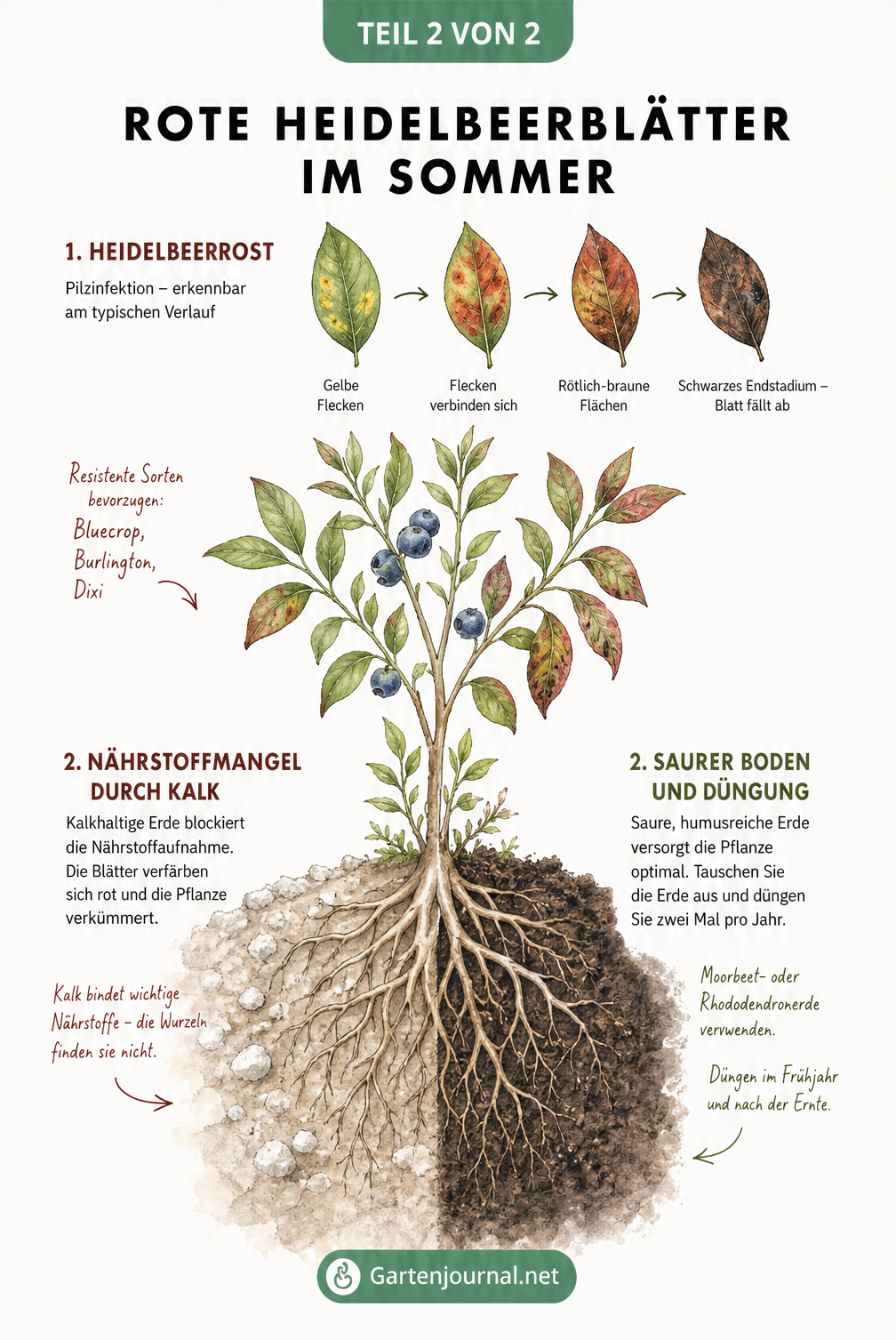 Botanische Illustration einer Heidelbeerpflanze, die oben den Verlauf von Heidelbeerrost und unten die Auswirkungen von kalkhaltigem Boden auf die Wurzeln zeigt