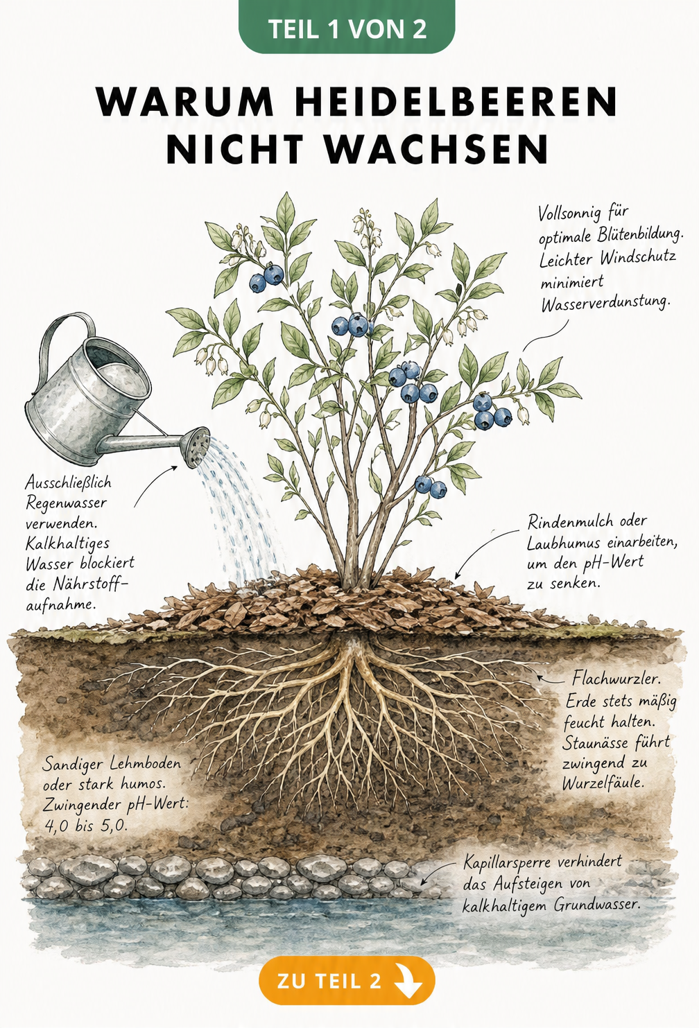 Botanische Schnittdarstellung eines Heidelbeerstrauchs mit Wurzeln, Bodenbeschaffenheit und Standortbedingungen