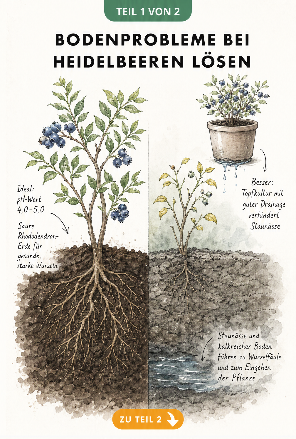 Botanische Schnittgrafik eines Heidelbeerstrauchs, die gesunde Wurzeln in saurer Erde und Kümmerwuchs durch Staunässe in Lehmboden vergleicht.