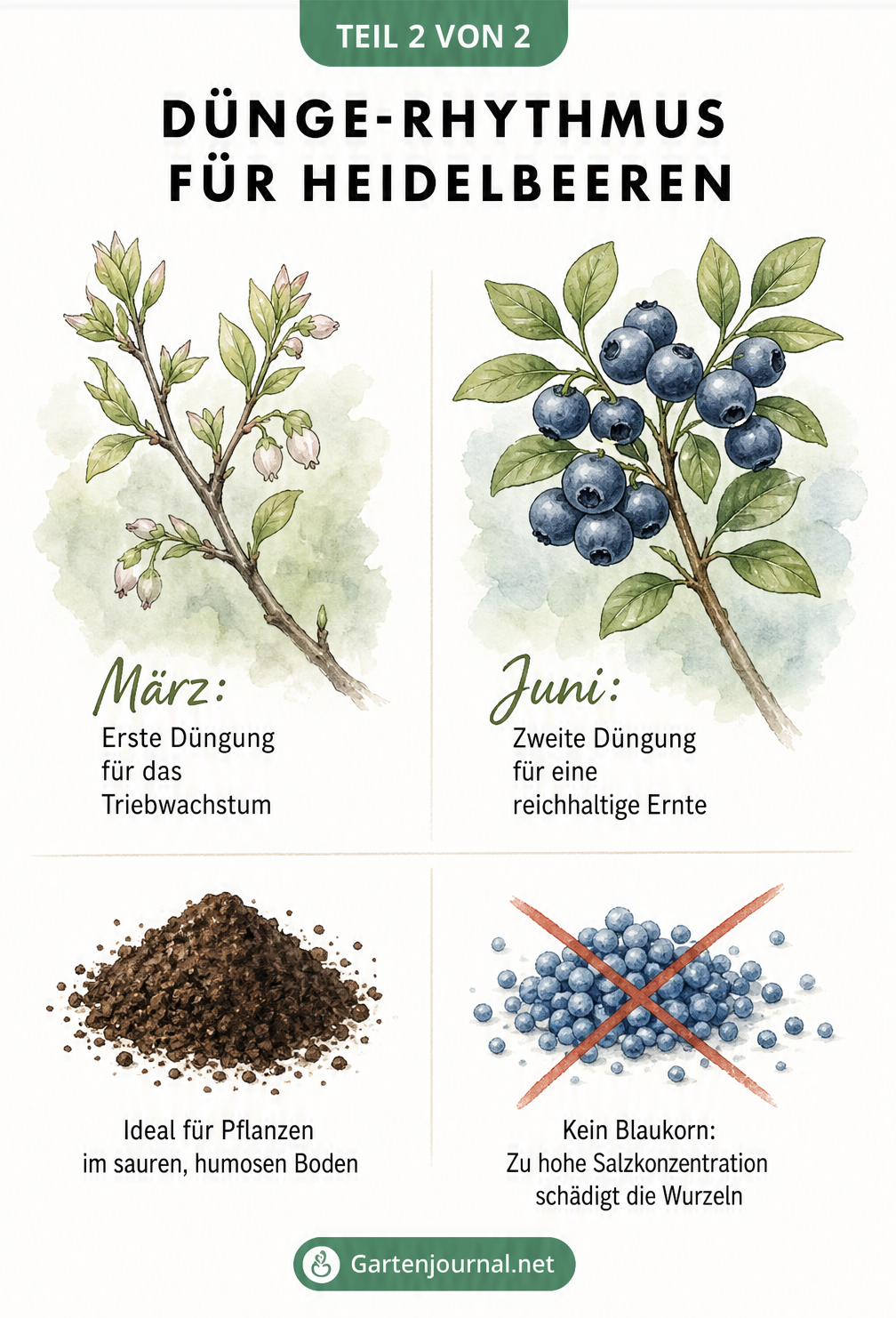 Gegenüberstellung des Dünge-Rhythmus für Heidelbeeren: Erste Düngung im März für Triebwachstum, zweite im Juni für die Ernte. Kaffeesatz wird empfohlen,...