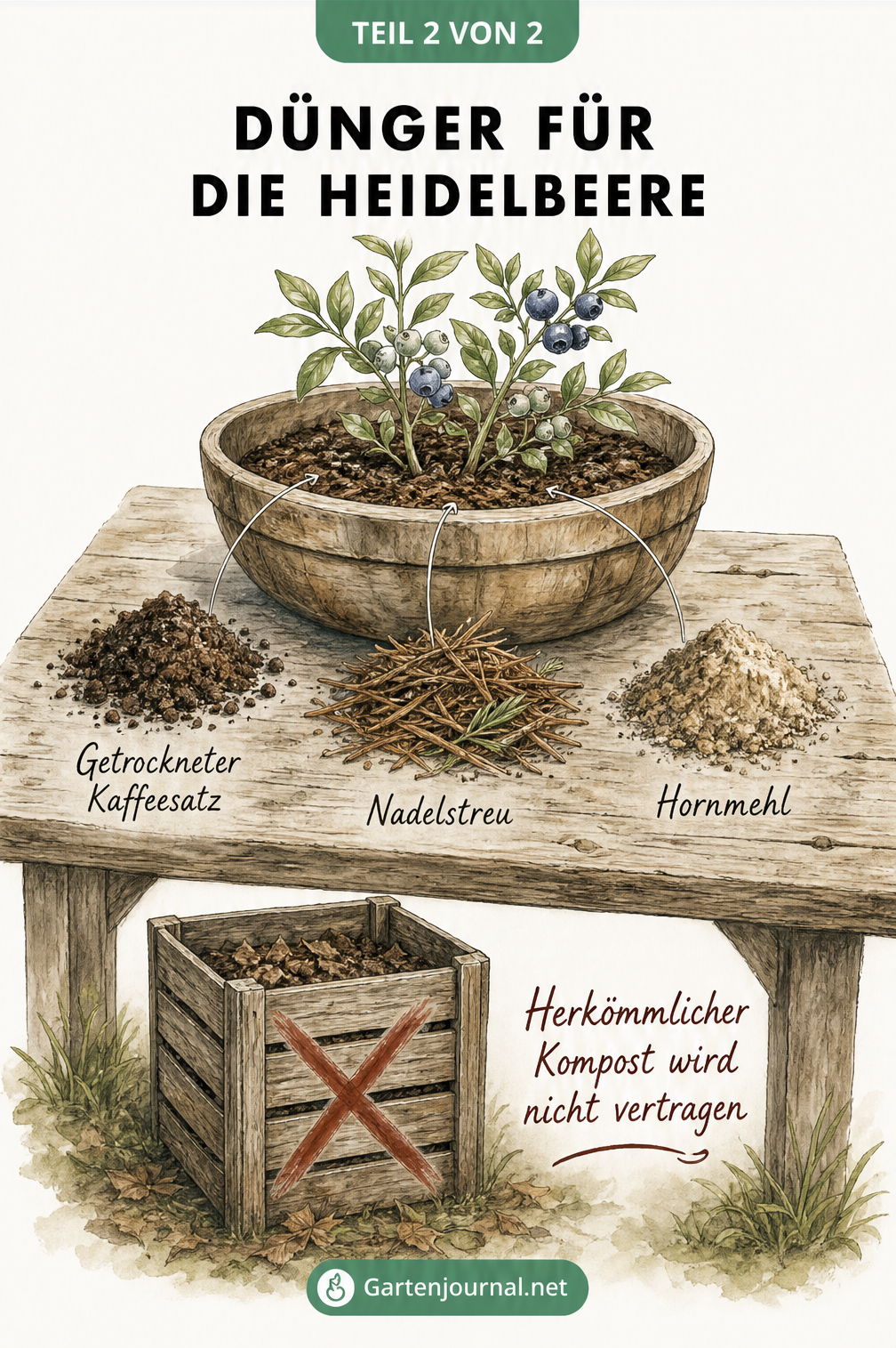 Illustration einer jungen Heidelbeerpflanze mit Kaffeesatz, Nadelstreu und Hornmehl als Dünger, sowie einem durchgestrichenen Kompostbehälter.