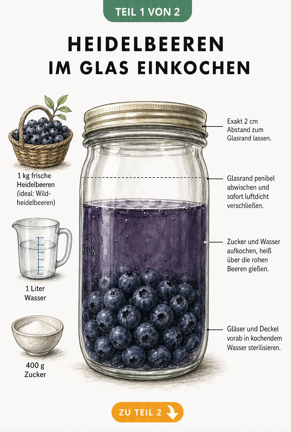 Querschnitt eines Einmachglases mit Heidelbeeren, Zuckerwasser und Zutatenangaben