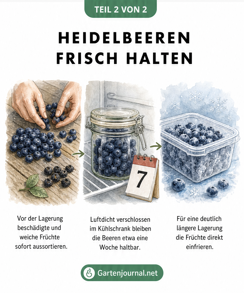 Drei Schritte zur Lagerung von Heidelbeeren: Aussortieren, luftdicht im Kühlschrank aufbewahren und einfrieren.
