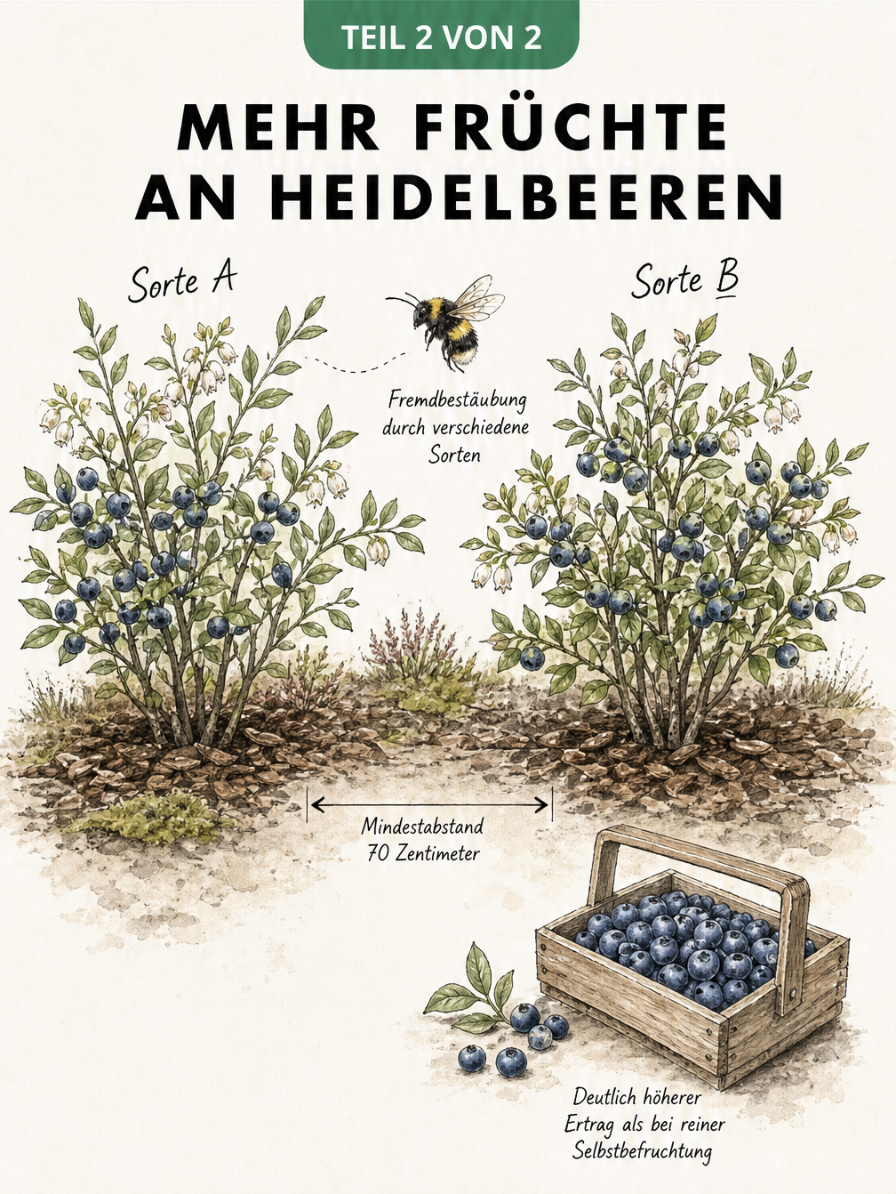 Garten-Skizze zweier Heidelbeersträucher verschiedener Sorten mit Hummel und voller Beerenstiege.