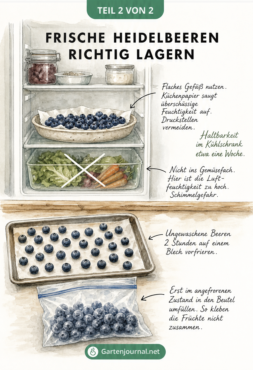Skizze eines Kühlschranks, die zeigt, wie Heidelbeeren flach auf Küchenpapier gelagert und auf einem Backblech vorgefroren werden.