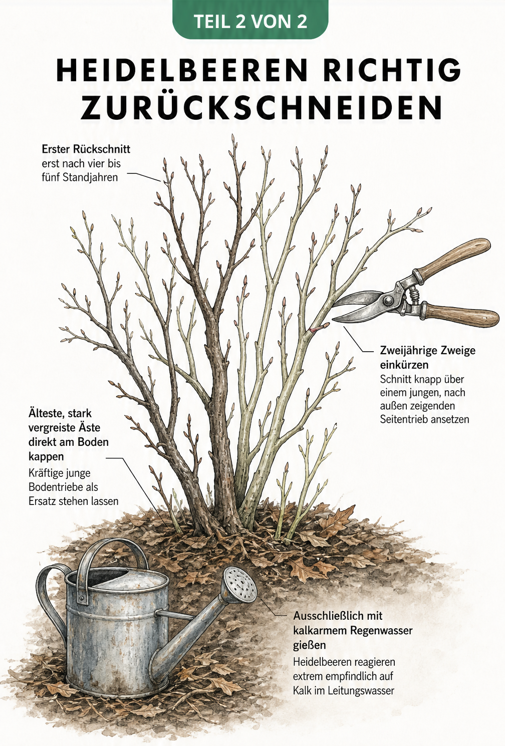 Ausgewachsener Heidelbeerstrauch im Winter ohne Laub, an dem eine Gartenschere zum Rückschnitt angesetzt ist